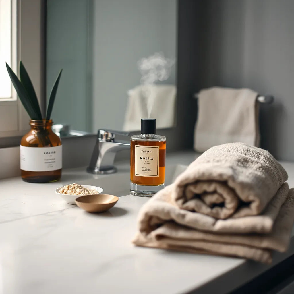 Cologne bottle on a bathroom vanity with soft light and faint mist for all-day scent