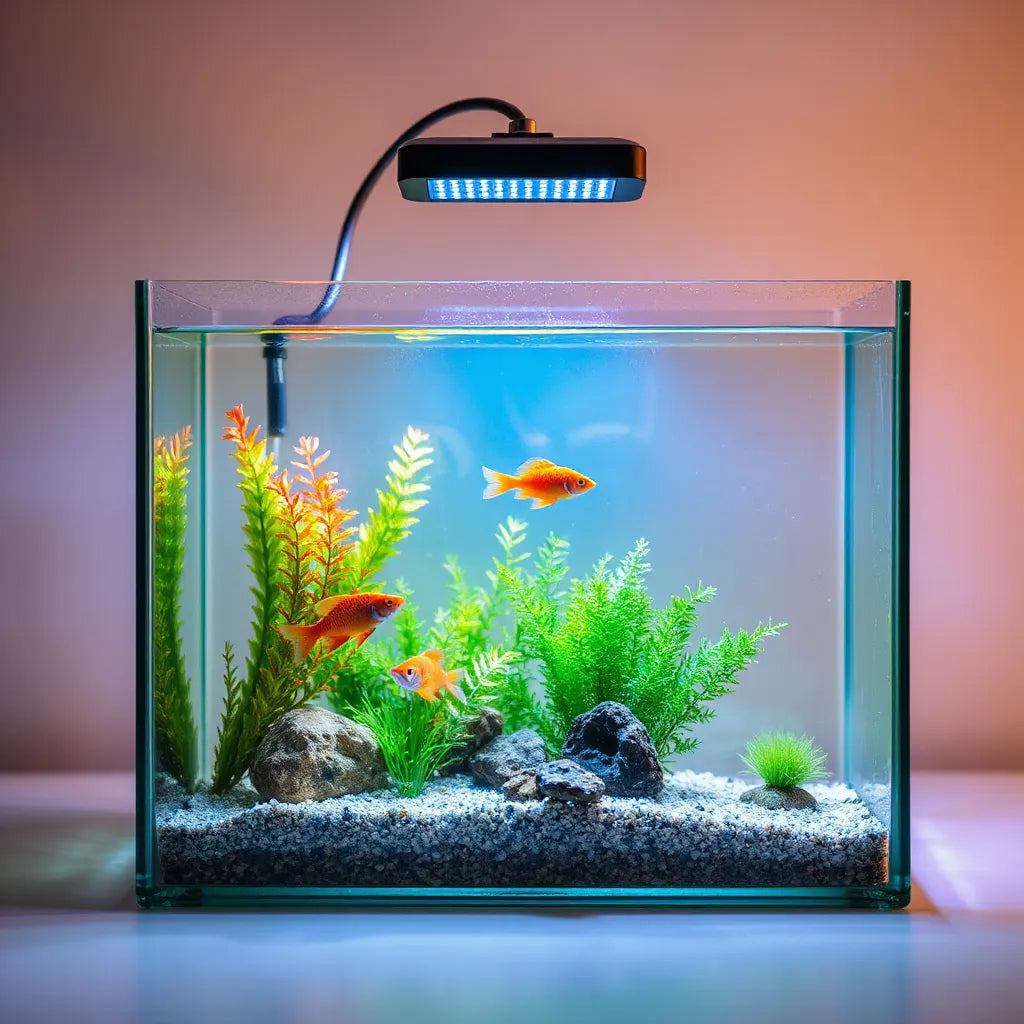 Aquarium LED color-changing lamp mounted on a fish tank with colorful light across water and plants