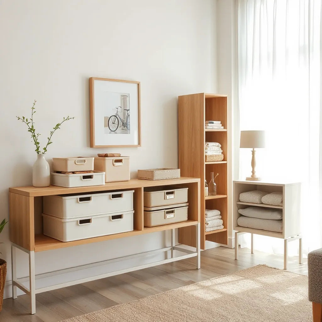 Neatly organized living room with storage bins, drawer dividers, and tidy shelving for a calm space