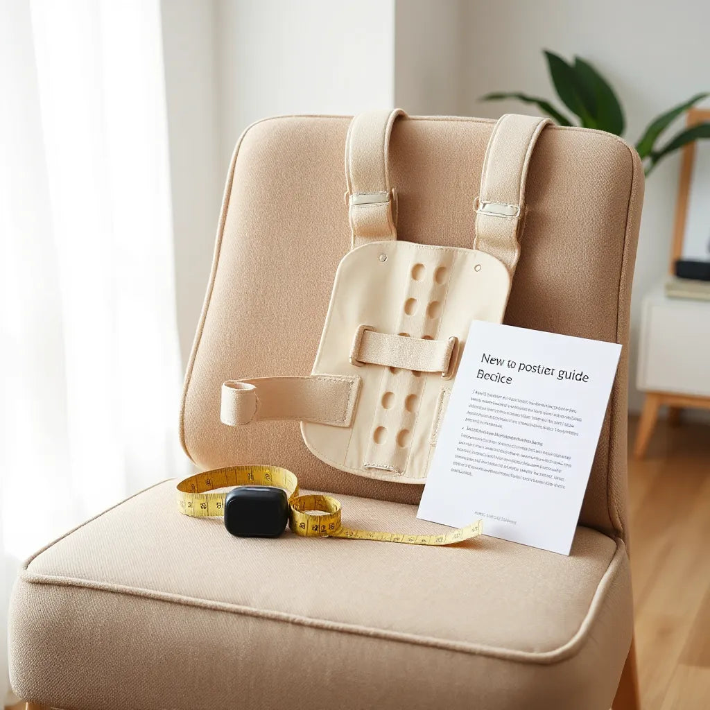 Neutral back brace posture corrector resting on a chair beside a measuring tape in a bright room