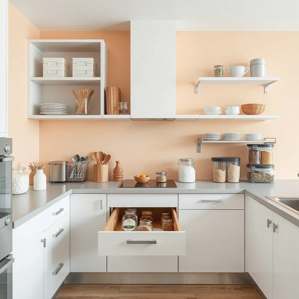 Neat kitchen countertop with sleek organizers, divider trays, and stackable storage containers