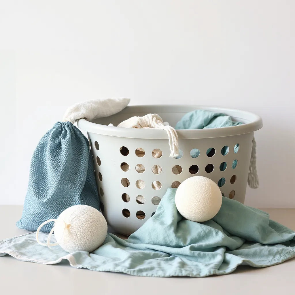 Mesh laundry bag and other accessories next to a laundry basket for tangle-free washing