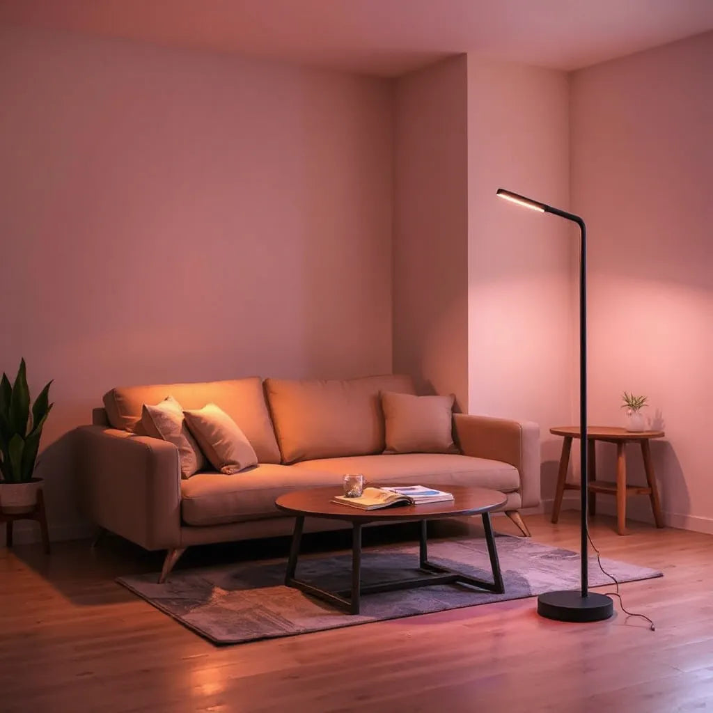 Modern corner floor lamp glowing with soft RGB ambient light in a cozy living room corner
