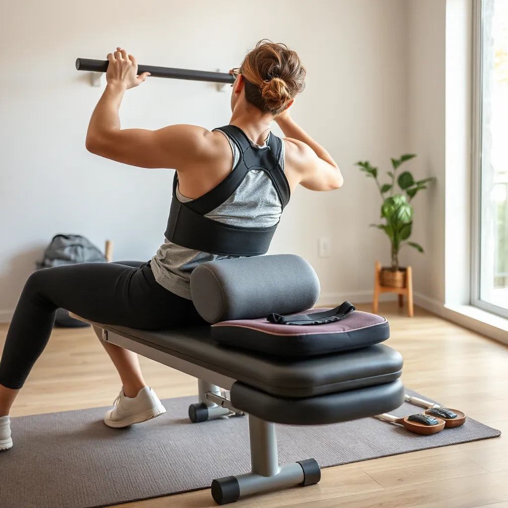 Supportive back brace and ergonomic back cushion on a home gym bench