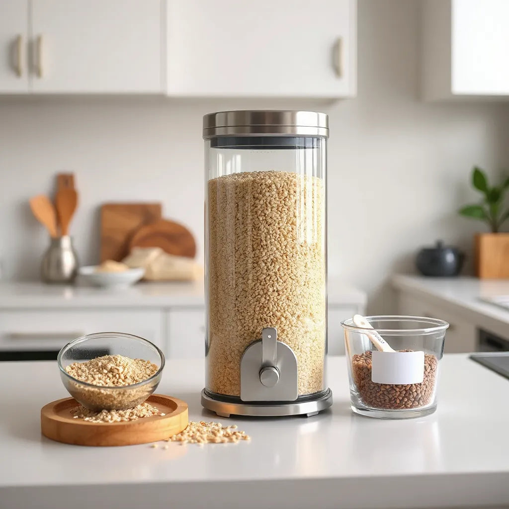 Sleek grain dispenser organizer on a clean kitchen counter with neatly stored dry grains