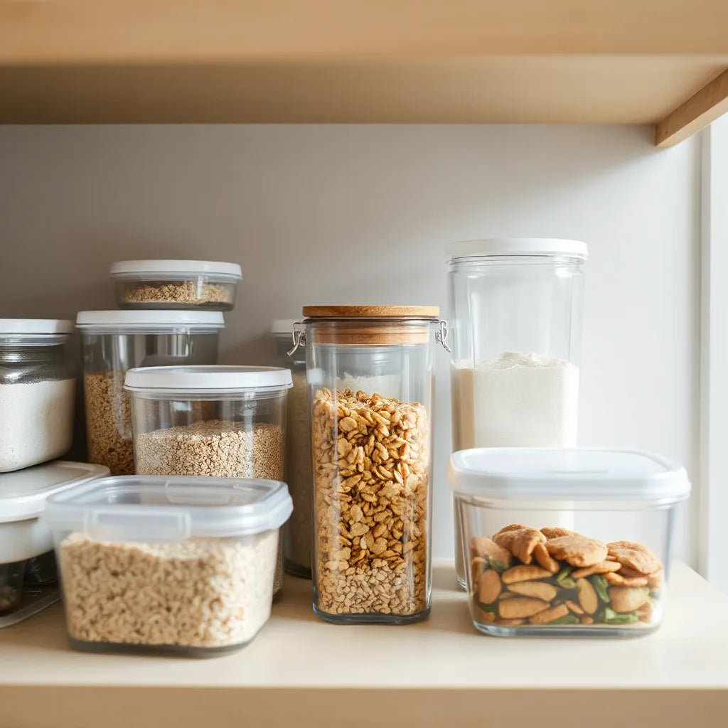 Transparent food storage containers with neatly organized pantry ingredients and clear lids on a kitchen shelf