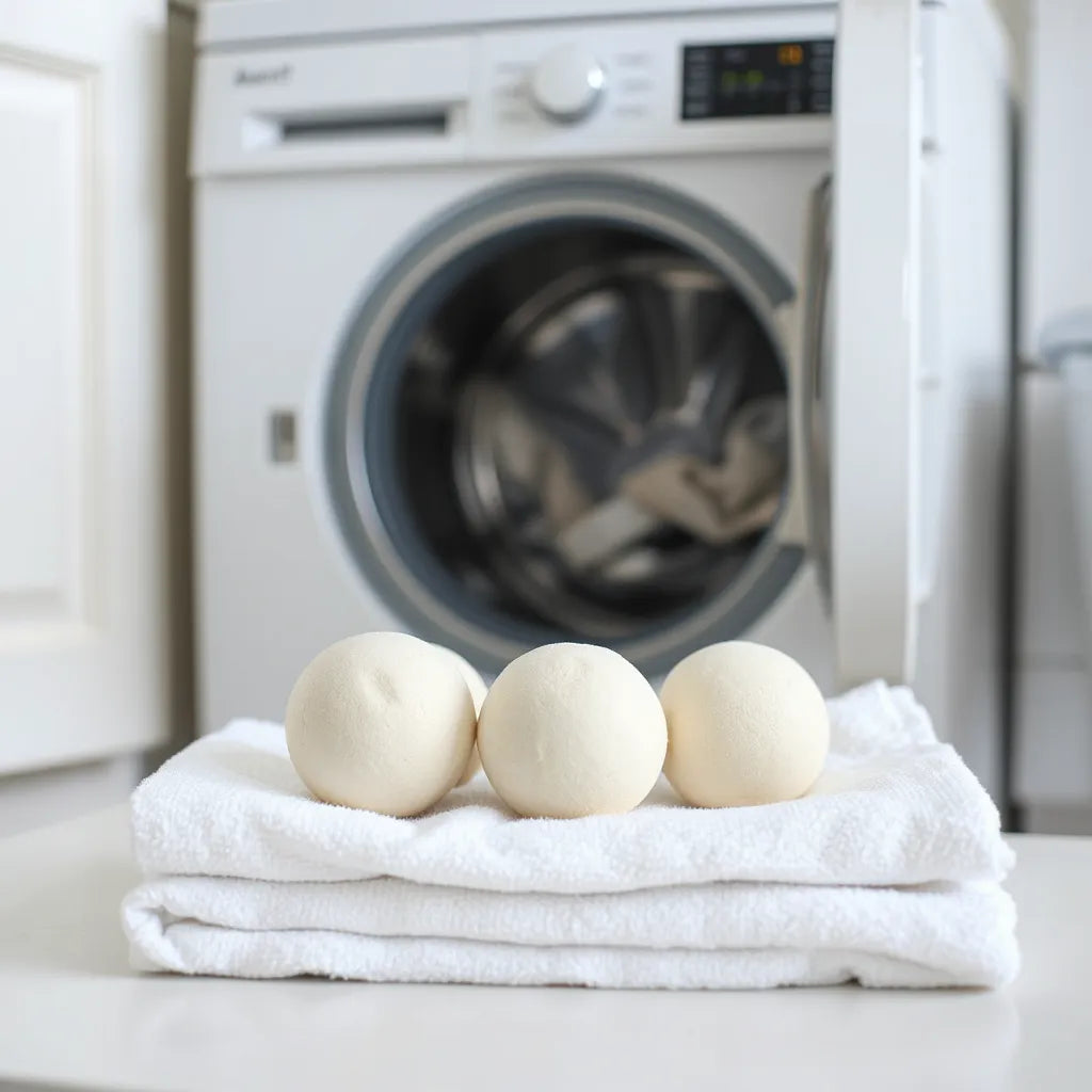 Smooth laundry dryer balls on a folded towel near an open dryer door