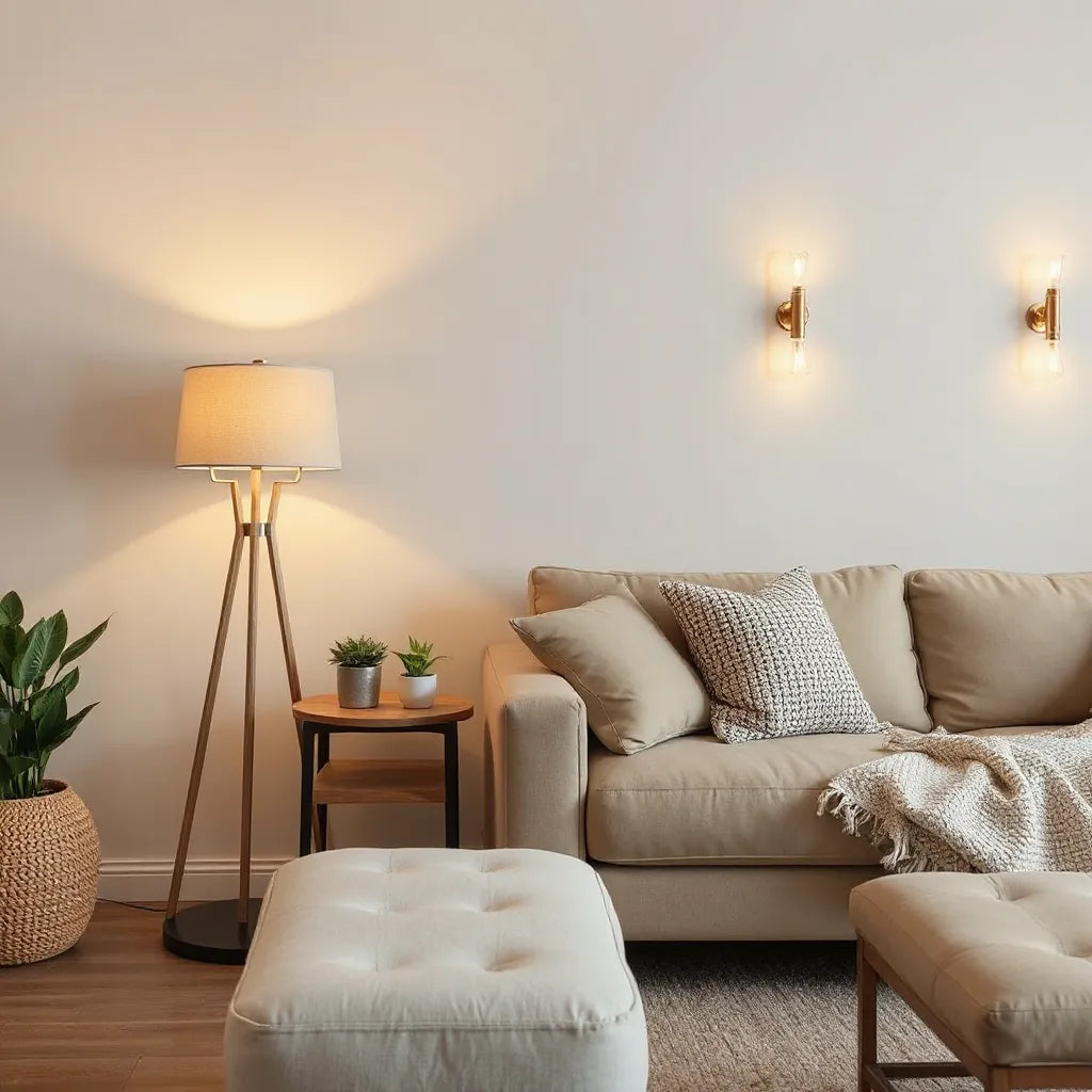 Warm floor and table lamps create a cozy glow in a neutral living room setting