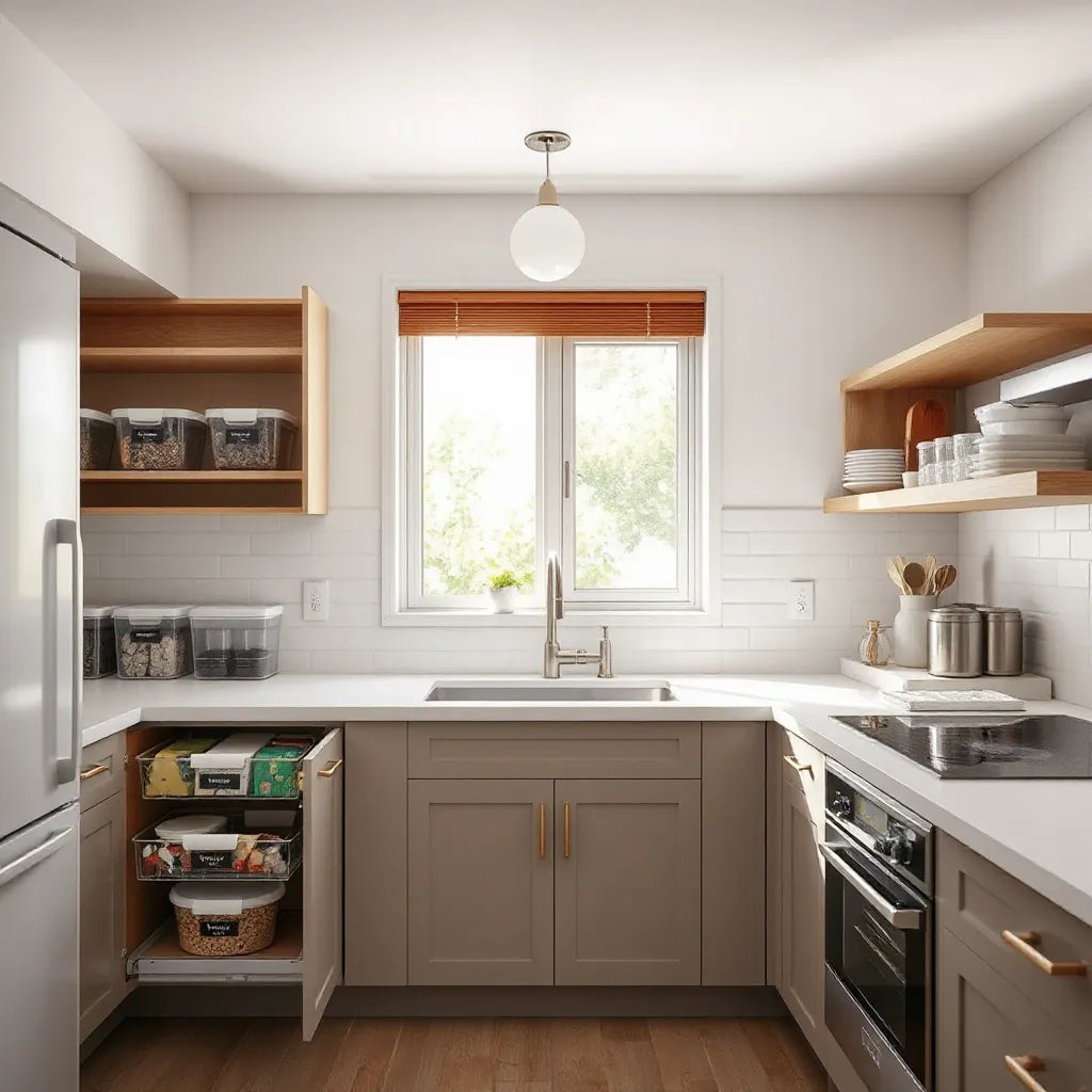 Neatly organized kitchen cabinets with pull-out drawers and pantry containers