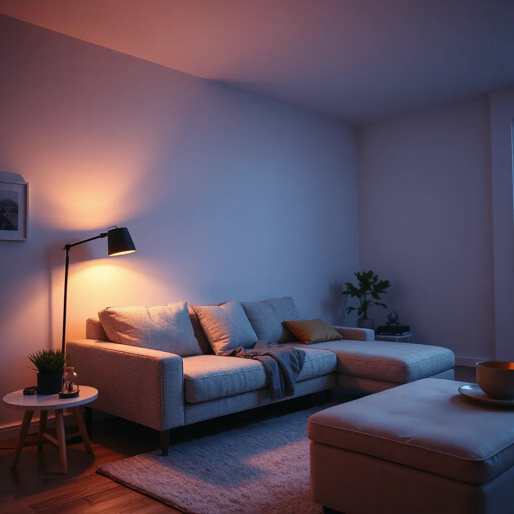 Modern lamp casting dimmable warm-to-cool color light across a cozy living room wall