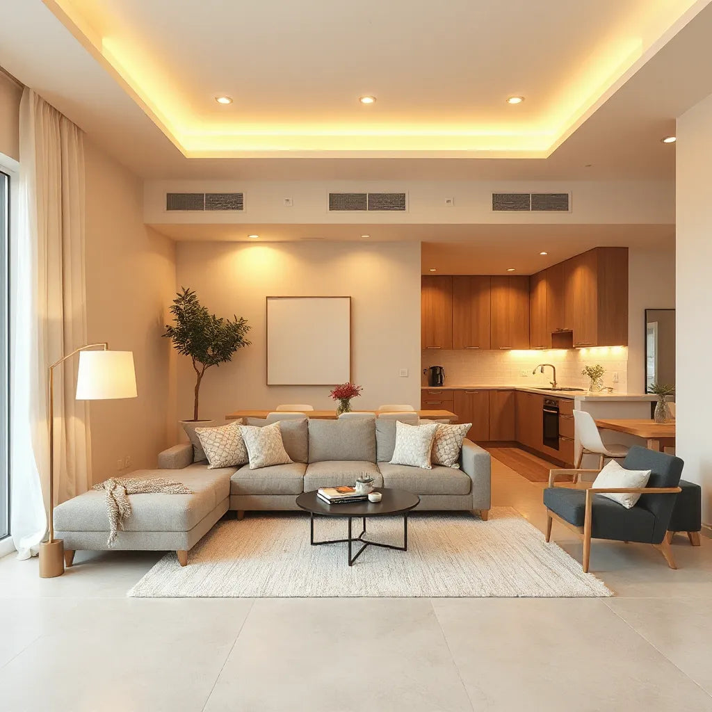 Warm recessed lights and a sleek floor lamp illuminate a modern living room and open kitchen.