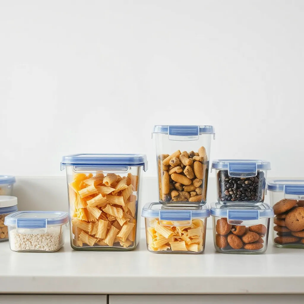 Airtight food storage containers with sealed lids on a clean kitchen counter.