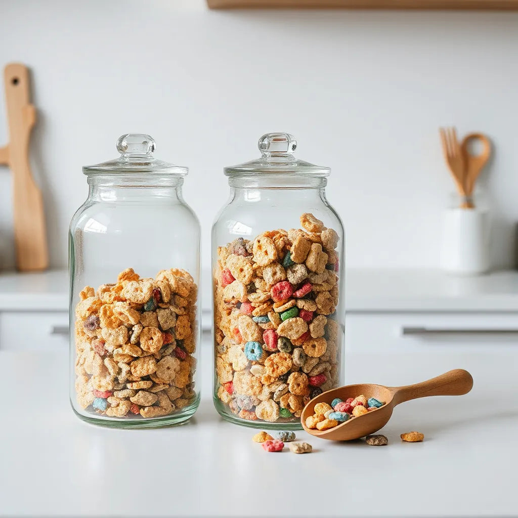 Clear airtight cereal storage jars on a kitchen counter with a wooden scoop